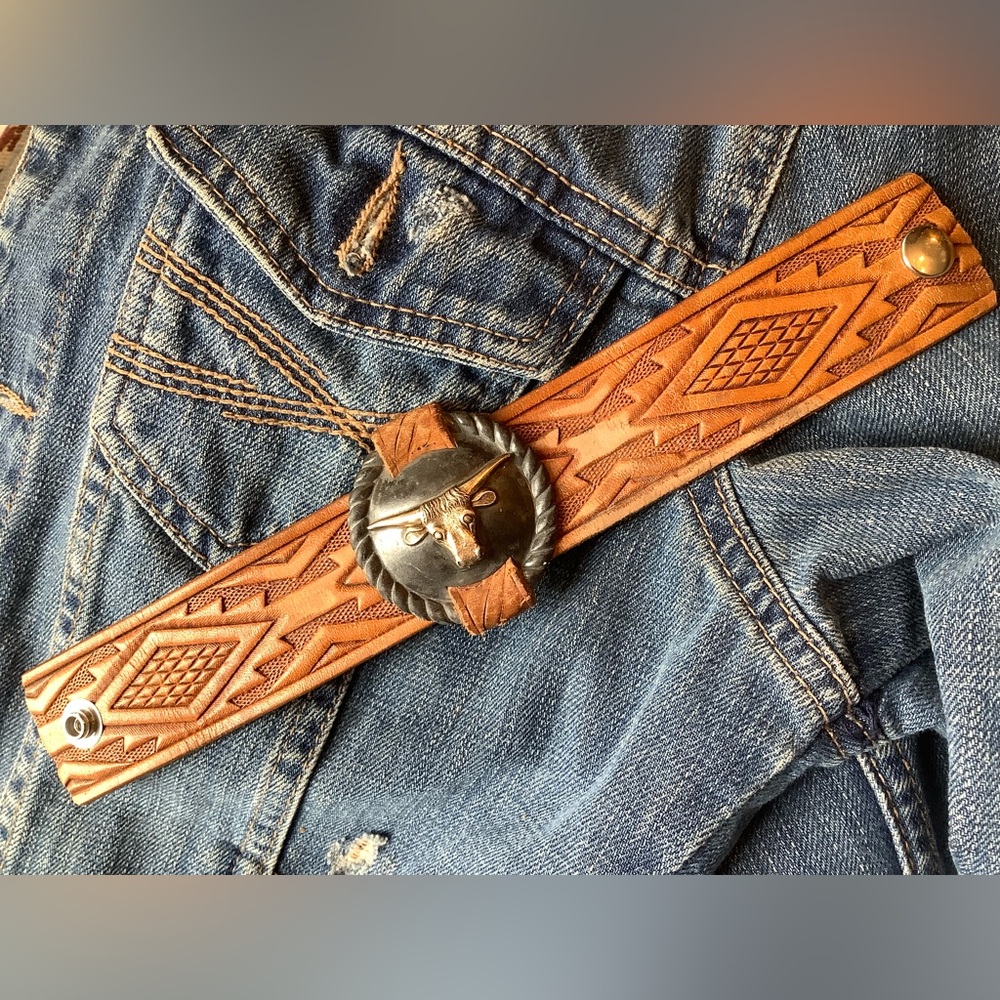 Tooled Leather Western Belt with Bull Concho , up to 8 1/2” wrist